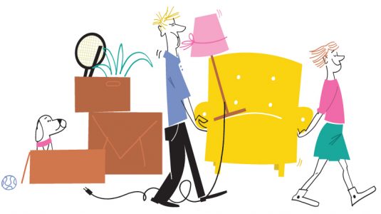 Illustration föreställande par som bär en fotölj