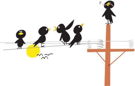 Illustration med fåglar på en elstolpe